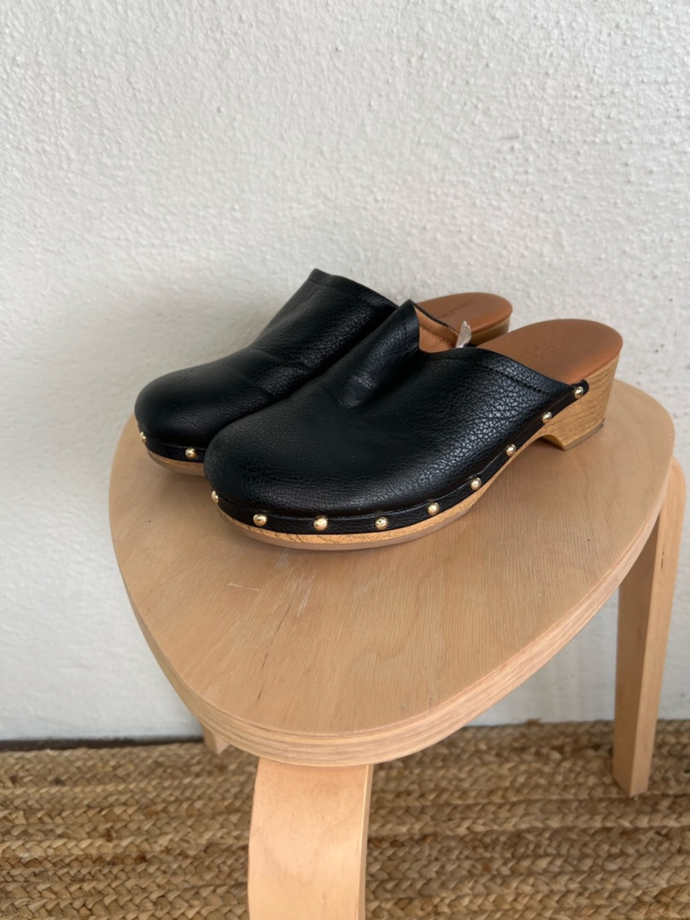 Black Leather Studded Clog Mules